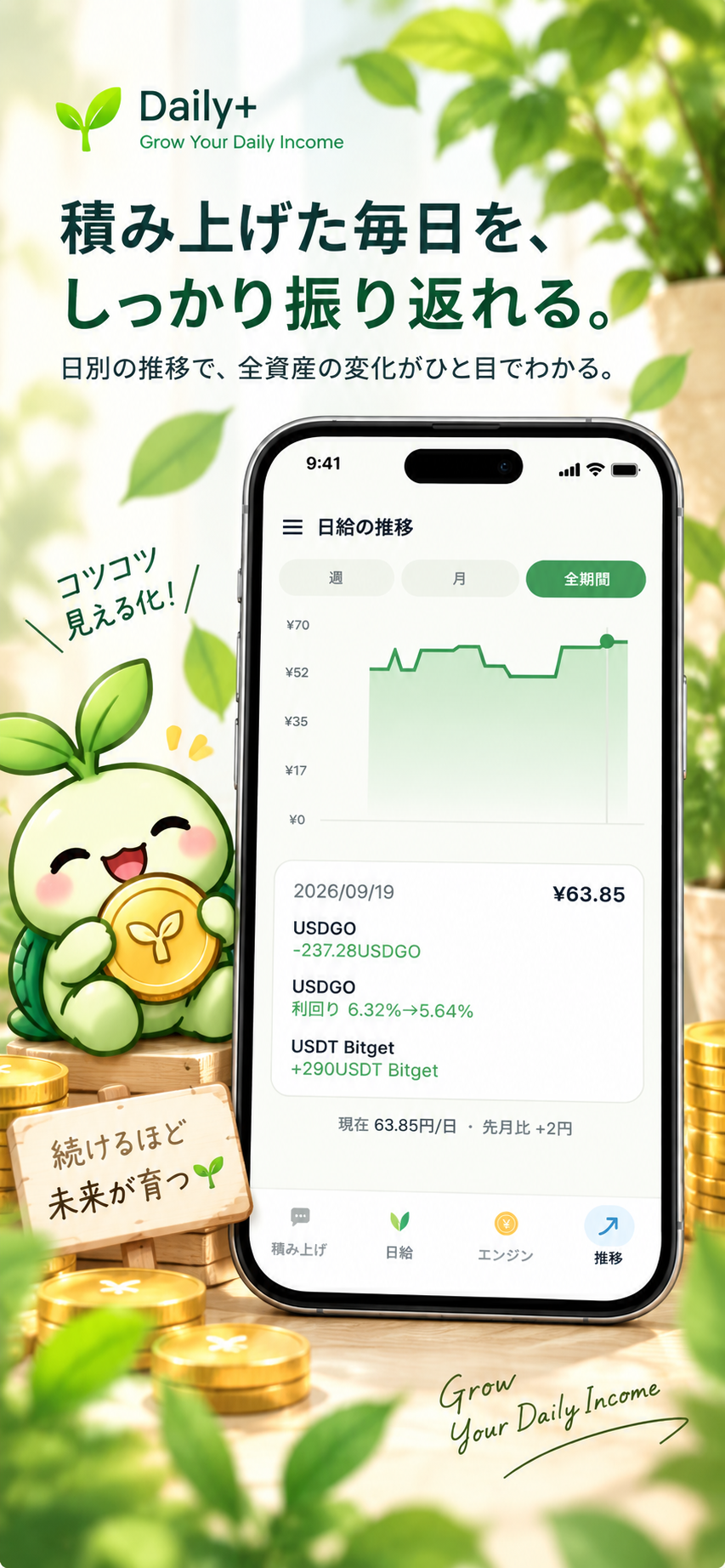 タメルくんと、Daily+の推移画面(日給の推移グラフと、日ごとの変化の記録が表示されたスマートフォンのイラスト)